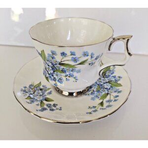 Royal Windsor England Bone China Cup & Saucer-Blue Forgrt Me Nots 1950's